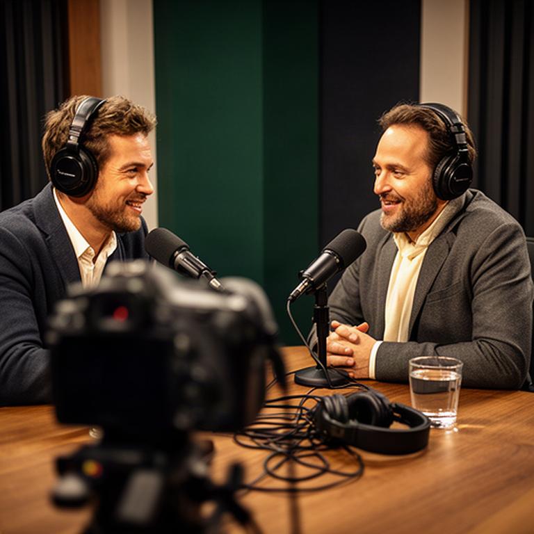 Twee gasten aan tafel tijdens een ondernemerspodcast met studiocamera op de voorgrond