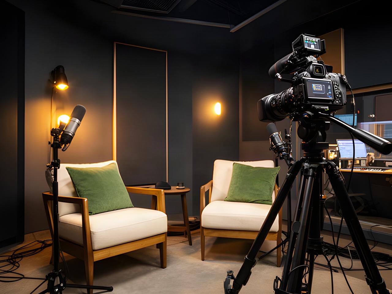 Ruime videopodcaststudio in Stadskanaal met twee fauteuils, studiocamera en warme decorverlichting