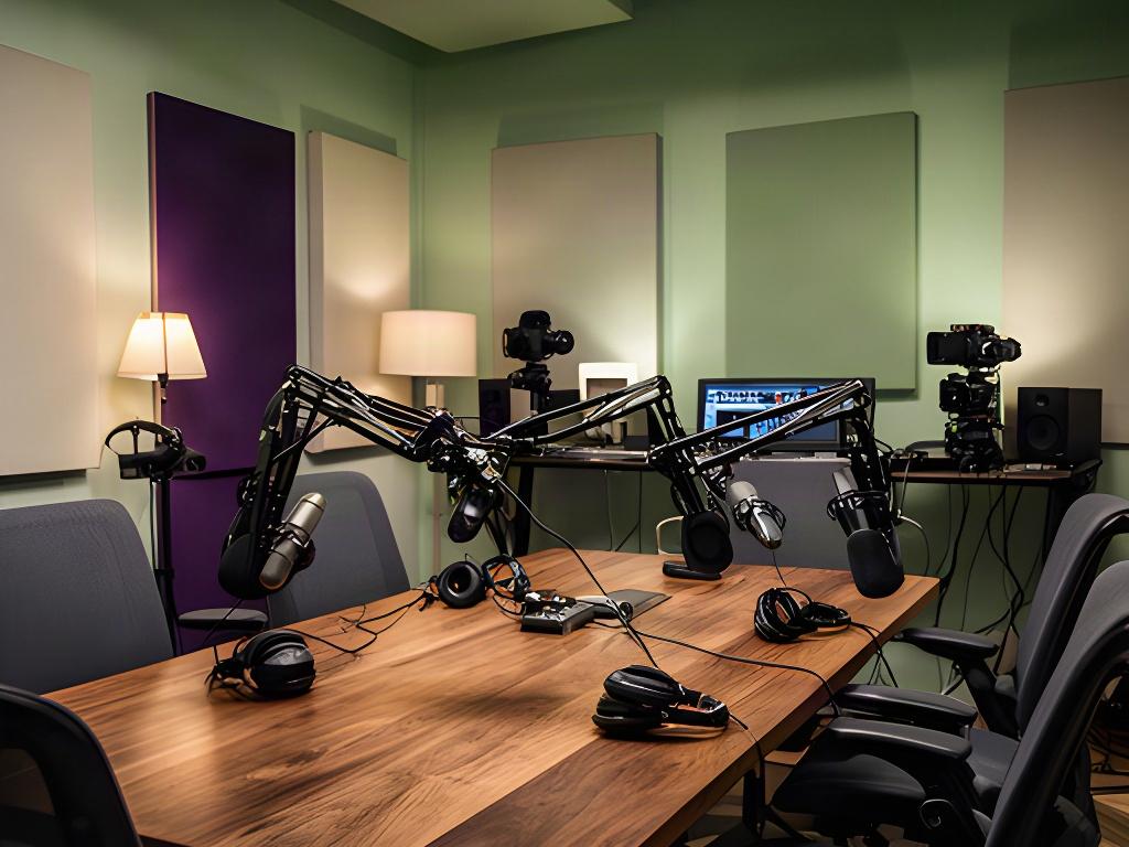 Overzicht van een podcaststudio met houten tafel, studiostoelen, microfoons en zachte belichting