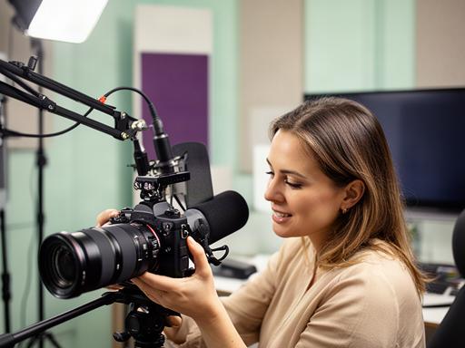 Natalya Zahrani die een cameraset controleert in een podcaststudio