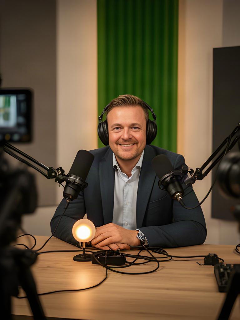 Podcastpresentator aan tafel in een verlichte studio in Stadskanaal met microfoons en camera's