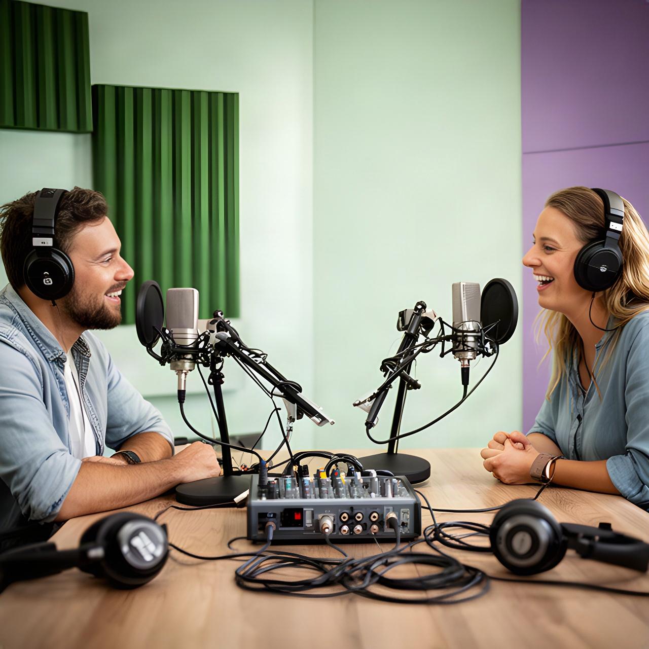 Podcastmakers bespreken een opname rond microfoons in de studio in Stadskanaal