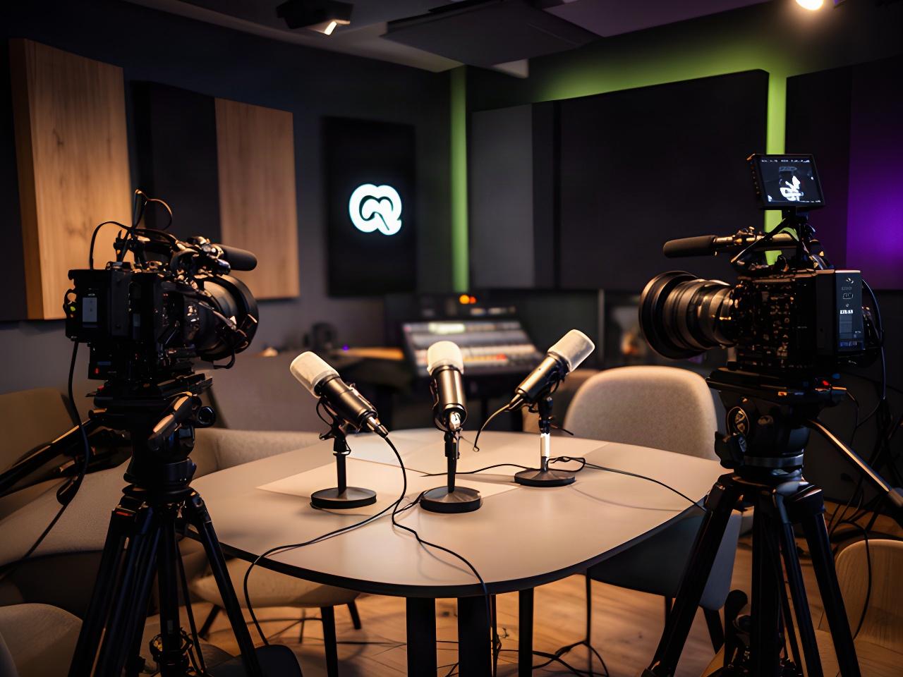 Videopodcaststudio in Stadskanaal met vier microfoons, twee camera's en warme studiobelichting