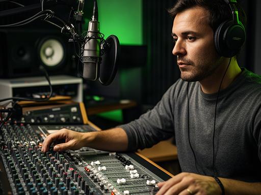 Sjafie Zijl bij een audiomengpaneel tijdens de voorbereiding van een studiosessie