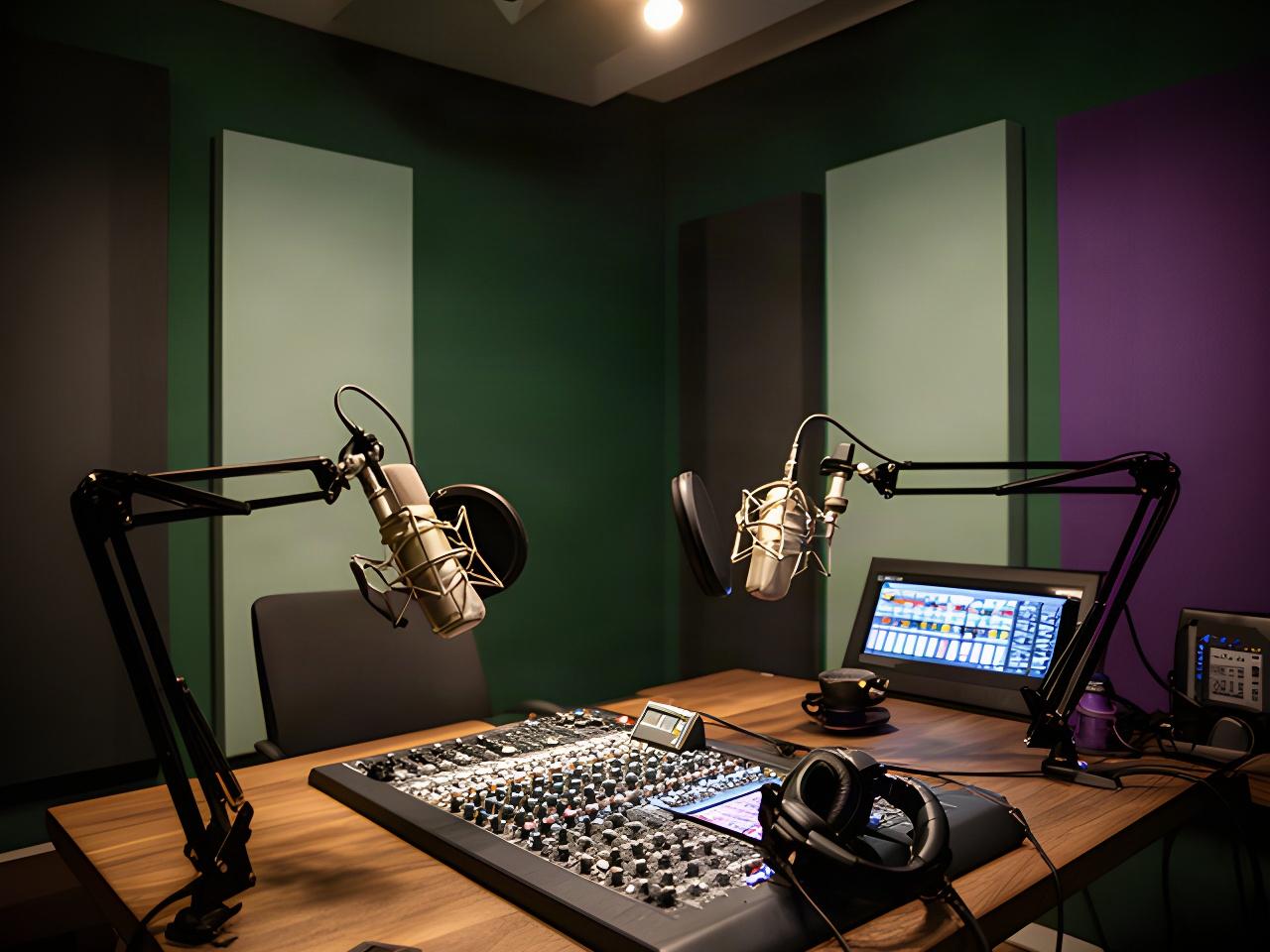 Rustige podcaststudio in Stadskanaal met microfoons, mengpaneel en zachte studiobelichting