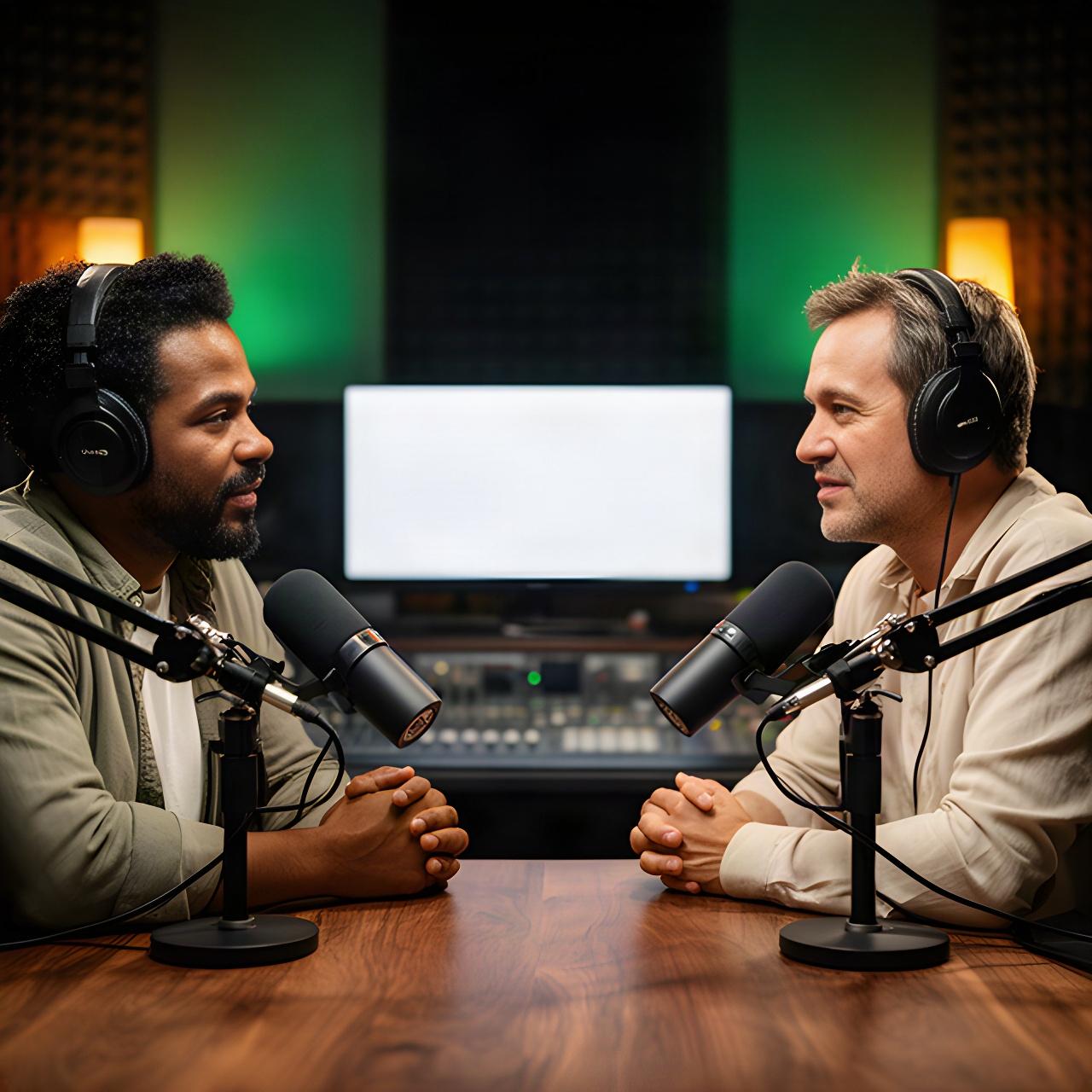 Twee gasten in gesprek aan een houten podcasttafel met studiobelichting