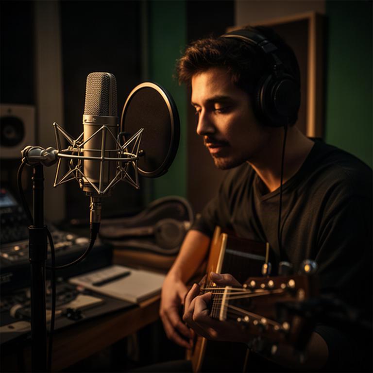 Muzikant bij een studiomicrofoon tijdens een sfeervolle audio-opname