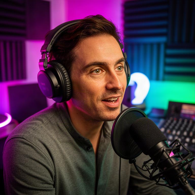 Gast met koptelefoon in een kleurrijke studio voor een gesprek over technologie in Groningen