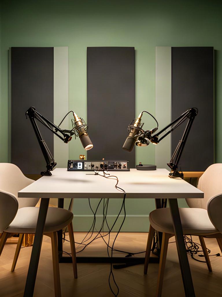 Lege podcasttafel in de studio met twee microfoons, stoelen en zachte groene verlichting