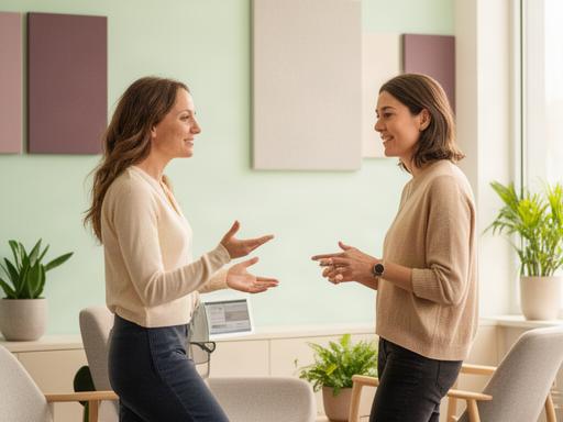 Emmilie Bonhof in gesprek met een maker in de lichte ontvangstruimte van de studio