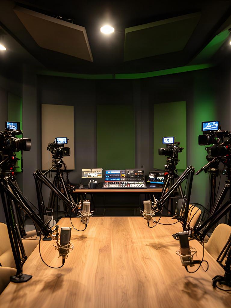 Videopodcaststudio in Stadskanaal met vier camera's, microfoons en warme studiobelichting