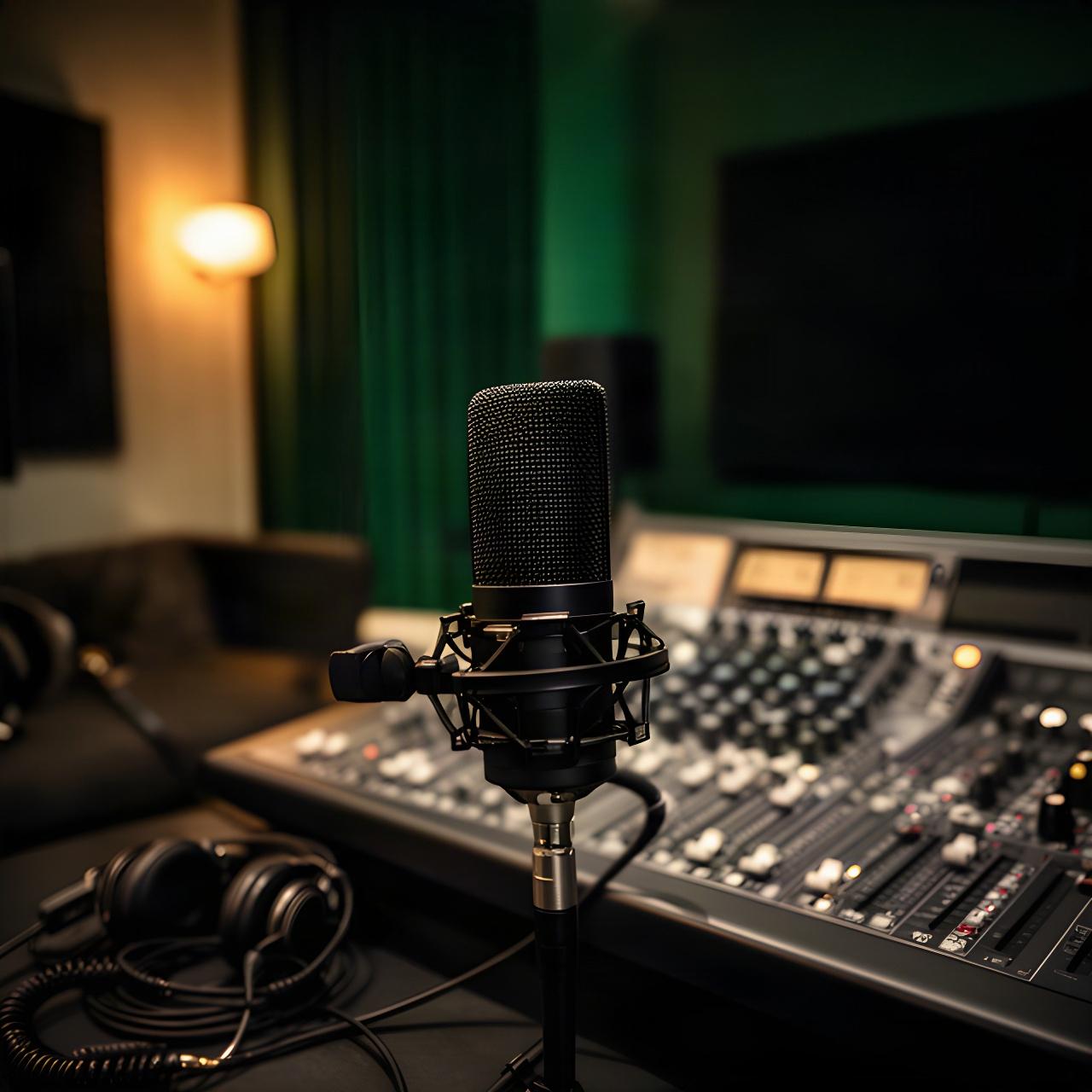 Microfoon en mengpaneel in een verlichte podcaststudio in Stadskanaal