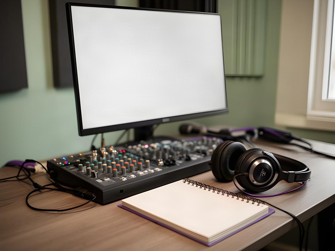 Werkplek in een podcaststudio met notitieboek, koptelefoon en beveiligde computer naast een audiomengpaneel