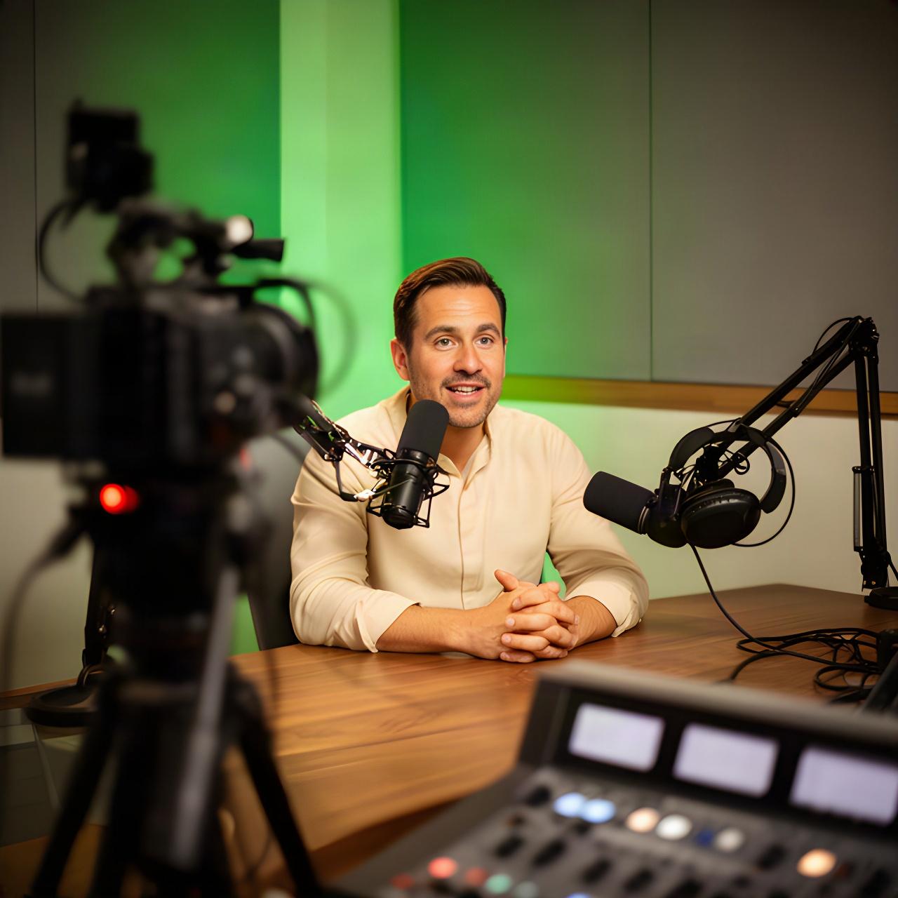Podcastpresentator aan tafel in een verlichte studio met camera en microfoon