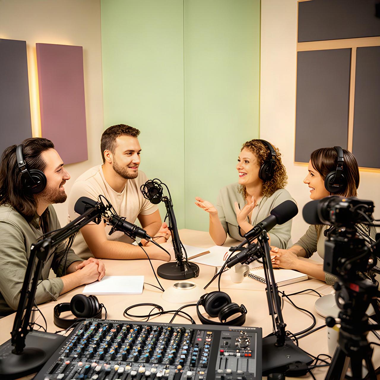 Team van vier podcastprofessionals in overleg aan een tafel naast de opnameapparatuur