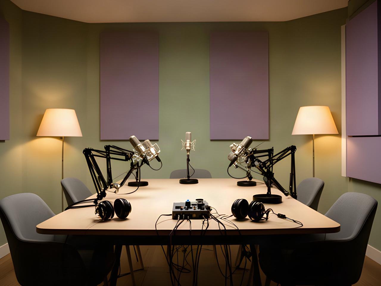 Lege podcasttafel in de studio van Janssen & Jacobs Video in Stadskanaal met microfoons en zachte lampen