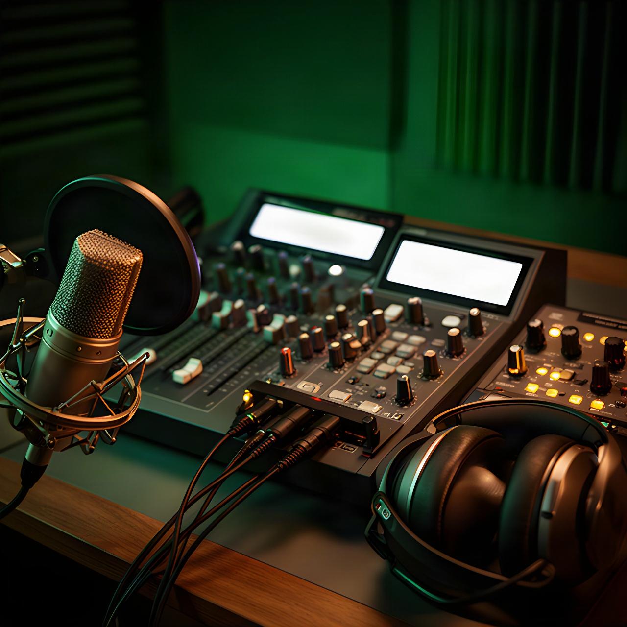 Detail van een podcaststudio in Stadskanaal met microfoon, mengpaneel en zacht groen licht