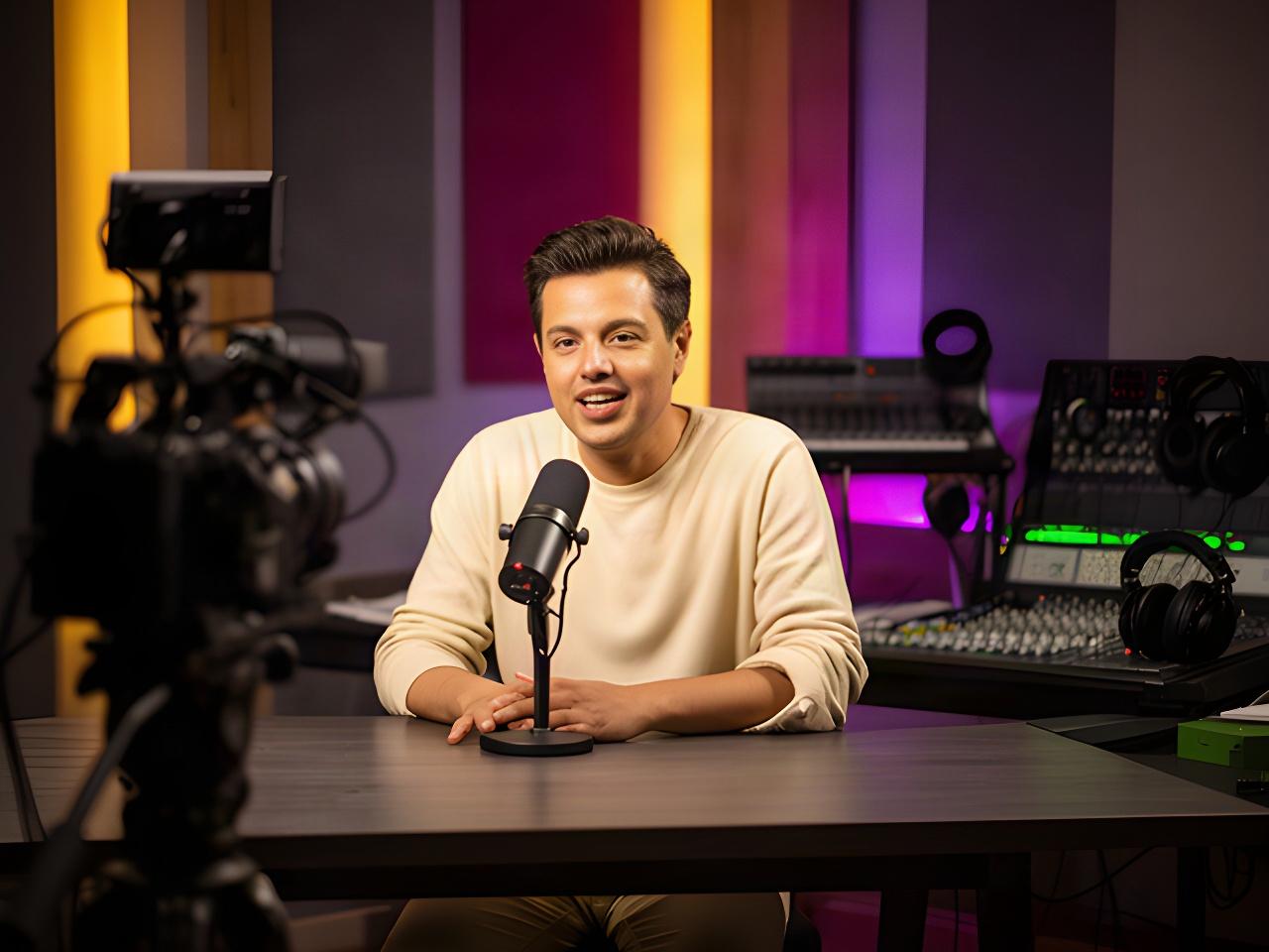 Presentator aan tafel in een sfeervolle podcaststudio met studiocamera en verlichte achtergrond